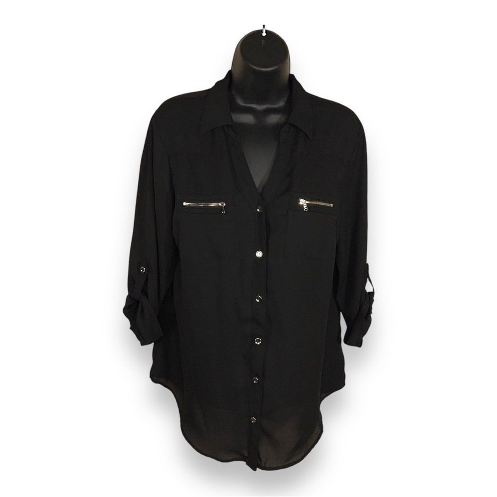 SMALL IN STUDIO BLACK BLOUSE ROLL TAB SLEEVE SILVER ACCENT CLASSIC